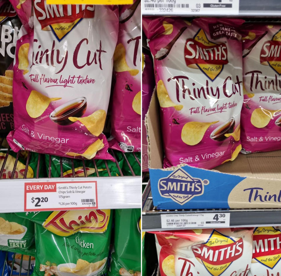 The Smiths chips at Coles (left) were cheaper than the same product being sold at Woolworths (pictured right). Source: Facebook