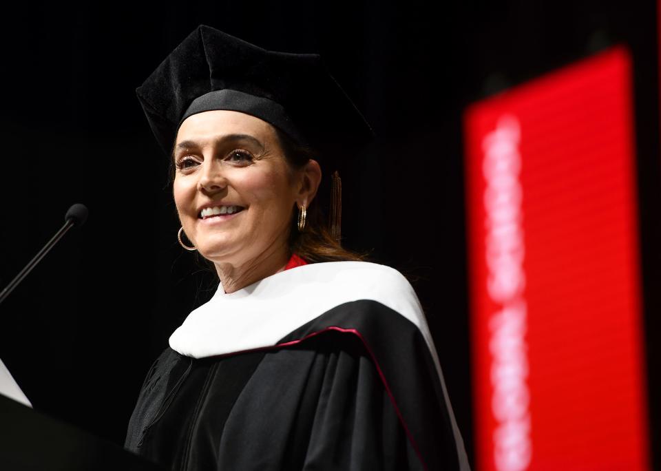 WORCESTER - Television comedy writer Nancy M. Pimental (Cleass of 1987) delivers the commencement address during Worcester Polytechnic Institute's Undergraduate Commencement Ceremony at DCU Center on Friday.