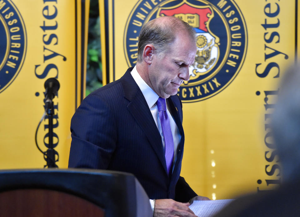 University of Missouri system President Tim Wolfe walks away from the lecturn after he announced his resignation during a news conference on Monday, Nov. 9, 2015, in Columbia, Mo. Wolfe resigned after pressure from students who say he has not done enough to respond to recent racially-motivated incidents on the Columbia campus. (Allison Long/Kansas City Star/TNS via Getty Images)