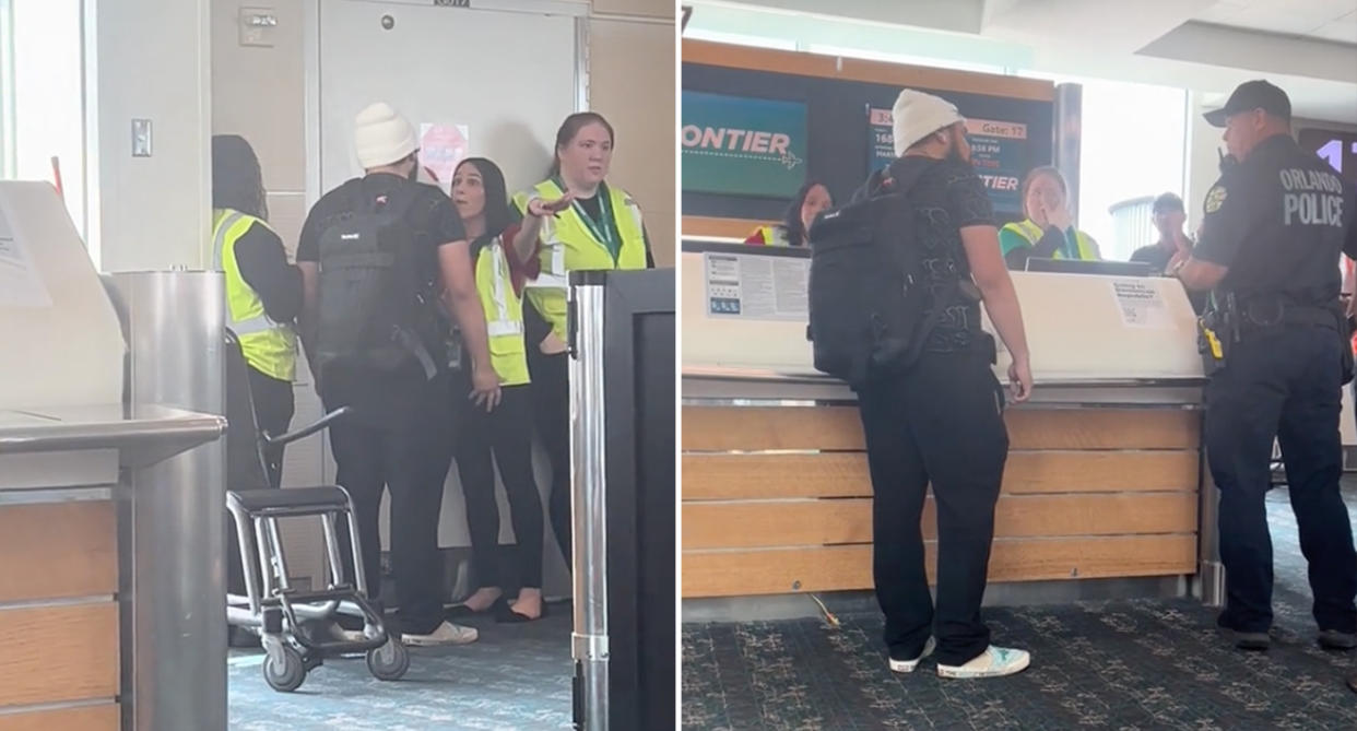 Left, the man being confronted by airline staff and stopped from boarding. Right, the man being spoken to by police.