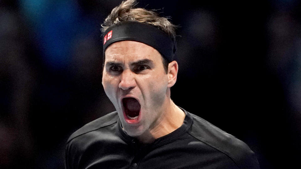 Roger Federer celebrates on day five of the Nitto ATP Finals at The O2 Arena, London. (Photo by Tess Derry/PA Images via Getty Images)