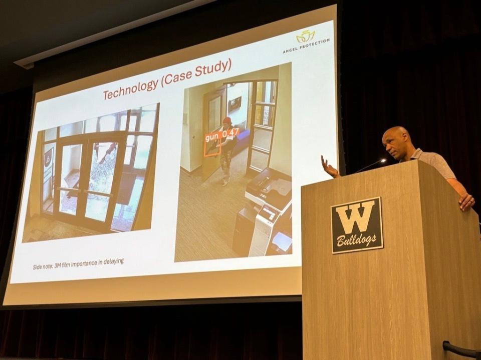 Angel Protection founder and CEO Lewis Matthews presented images on Tuesday from a case study testing the efficiency of the artificial intelligence technology in detecting a gun in a crisis situation. The AI system detected the gun in 0.47 seconds.