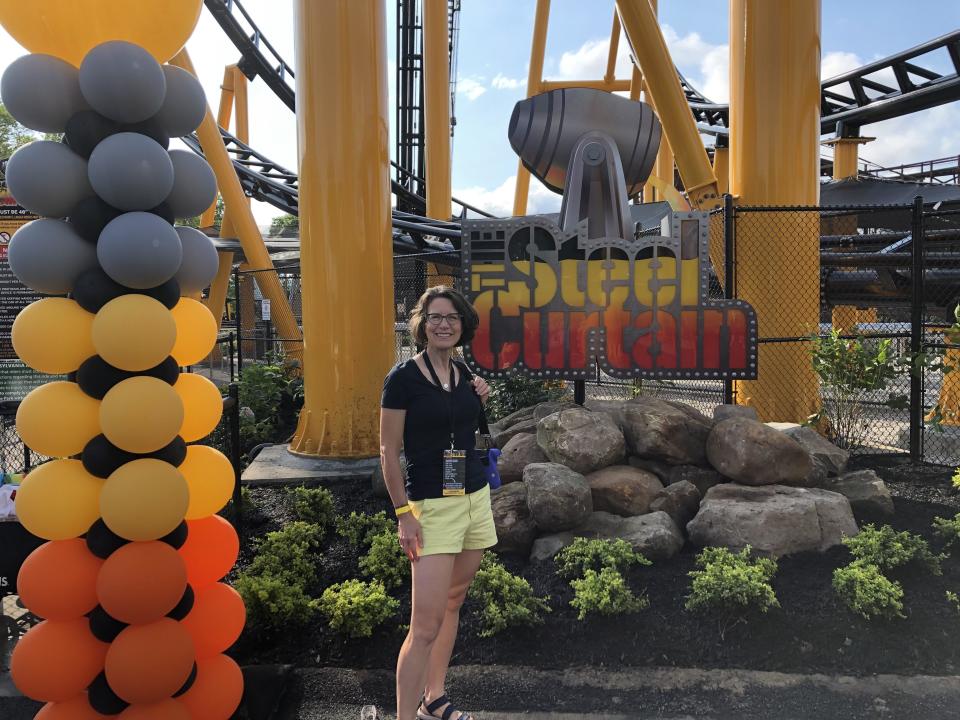 Brighton Township's Erin Kilpatrick was among the first people to ride Kennywood Park's new record-setting roller coaster, the Steel Curtain. She gave it two thumbs up.