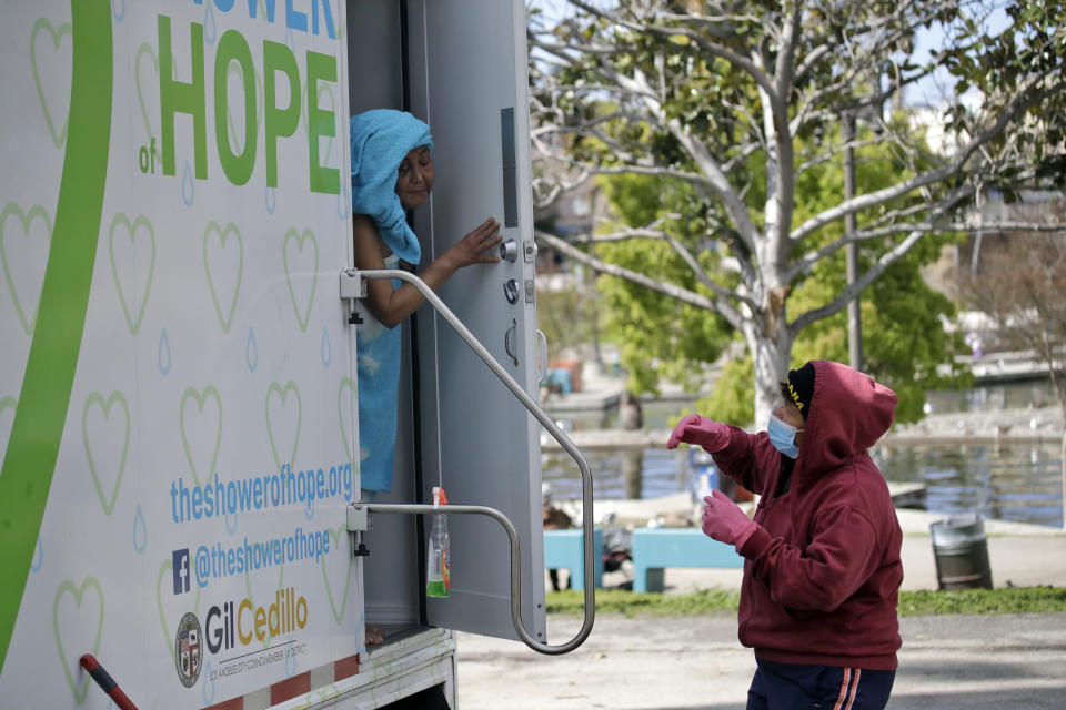 The nonprofit Shower of Hope&nbsp;provides mobile showers around Los Angeles that people experiencing homelessness can use. (Photo: Marcio Jose Sanchez/Associated Press)