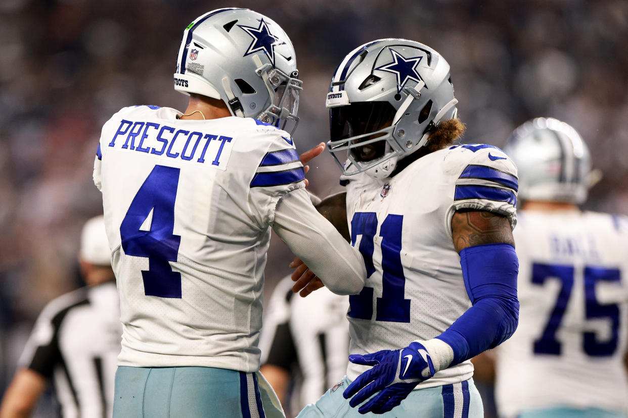 Dak Prescott (4), Ezekiel Elliott and the Dallas Cowboys mounted an impressive 98-yard drive late to avoid embarrassment against the Houston Texans. (Photo by Tom Pennington/Getty Images)