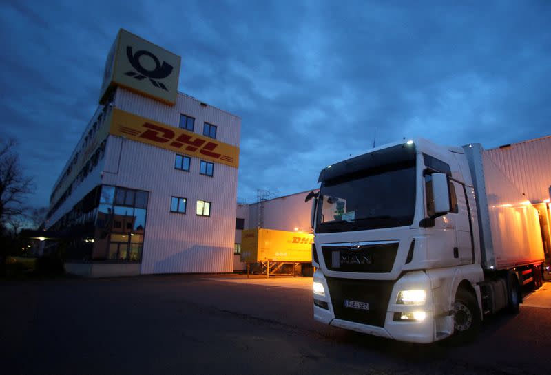 FILE PHOTO: An outside view shows a distribution centre of German postal and logistics group Deutsche Post DHL in Rodgau