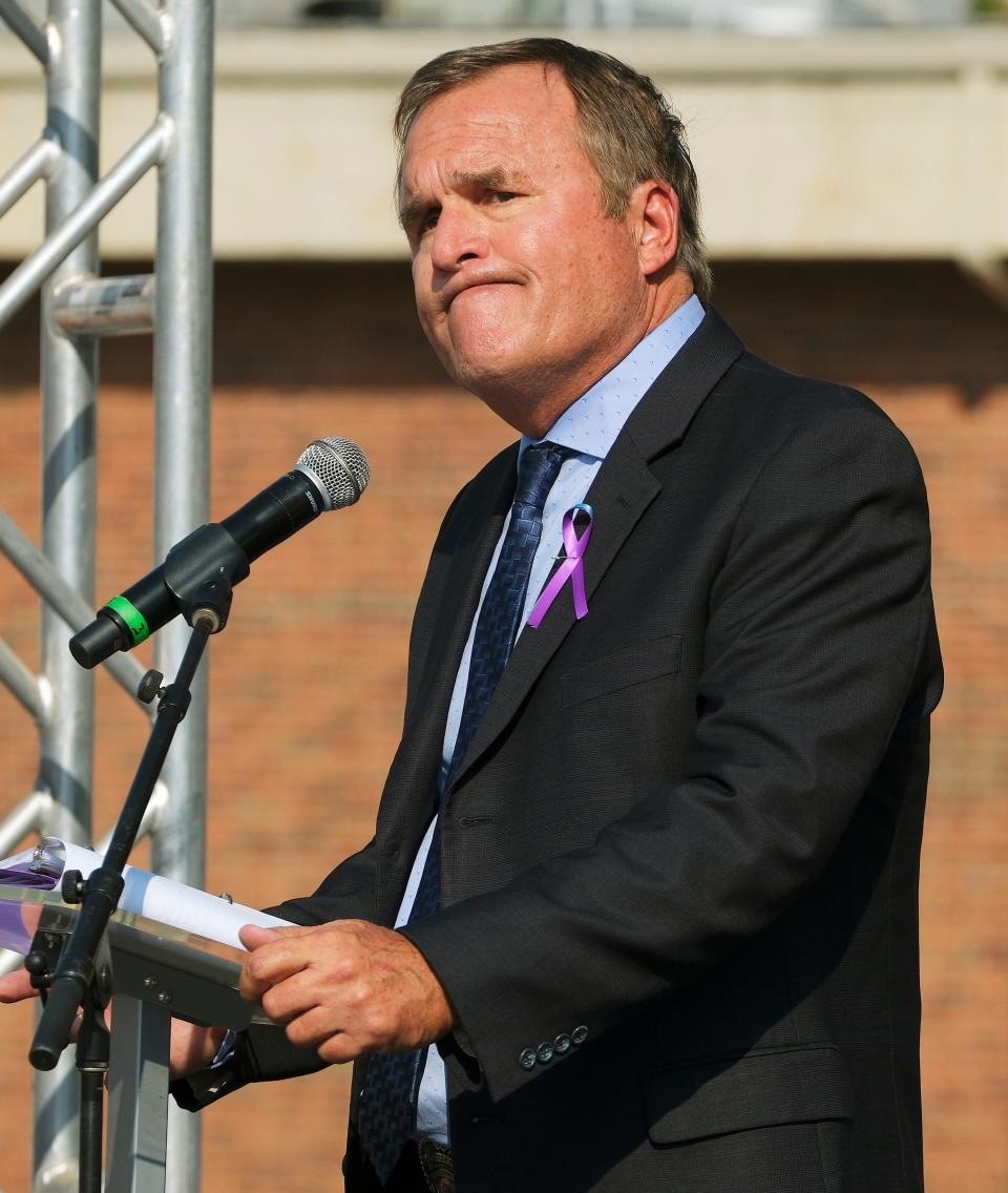 Casey Gwinn, co-founder and president of Alliance for HOPE International, addresses the crowd Tuesday, Sept. 13, 2022. Palomar celebrated its "5 years of Changing Lives" in the lot where the new MAPS funded building will be built.