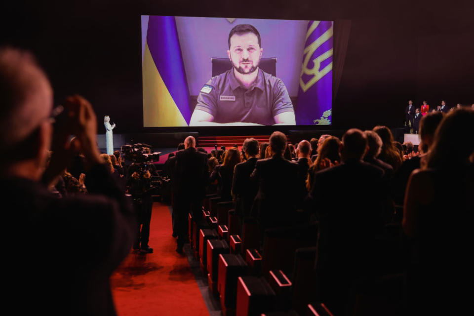 President of Ukraine Volodymyr Zelenskyy speaks in a live link-up video during the opening ceremony for the 75th annual Cannes Film Festival<span class="copyright">Andreas Rentz/Getty Images</span>
