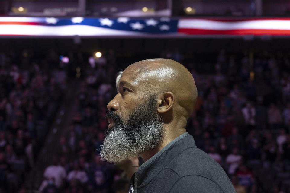 Brooklyn Nets head coach Jacque Vaughn looks on prior to the first quarter of an NBA basketball game against the Sacramento Kings in Sacramento, Calif., Tuesday, Nov. 15, 2022. (AP Photo/José Luis Villegas)