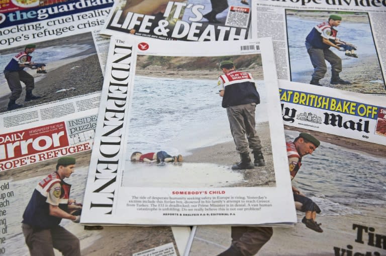 The front pages of some of Britain's daily newspapers showing an image of the body of Syrian three-year-old boy Aylan, on September 3, 2015