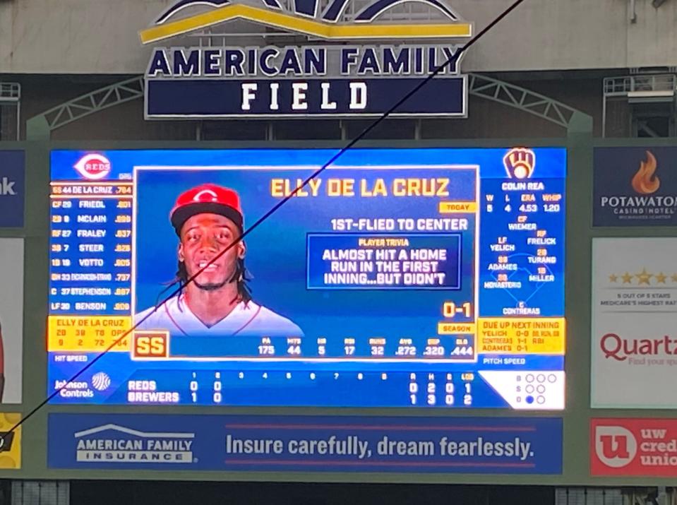 Elly De La Cruz was trolled on the scoreboard at American Family Field after he was robbed of a home run in his first at-bat Monday. He proceeded to homer on the next pitch he saw.