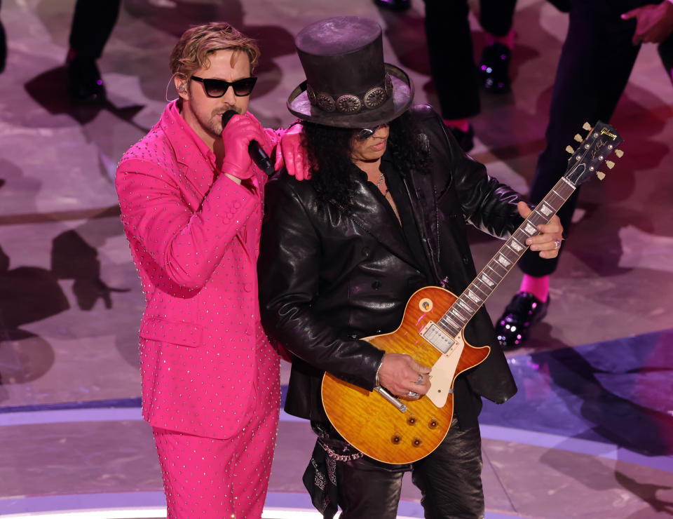 Ryan Gosling performed I'm Just Ken with legendary guitarist Slash at the Oscars 2024. (Getty)