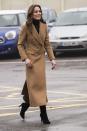 <p>The Duchess of Cambridge visits HMP Send. She wore a black turtleneck and camel Chesterfield coat by <a href="https://www.massimodutti.com/us/" rel="nofollow noopener" target="_blank" data-ylk="slk:Massimo Dutti;elm:context_link;itc:0;sec:content-canvas" class="link ">Massimo Dutti</a> with a pleated leopard-print skirt by Zara. </p>