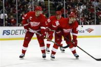 Detroit Red Wings Nicklas Lidstrom (5), Johan Franzen (93), and Tomas Holmstrom (96) all of Sweden skate against the Calgary Flames in the second period of an NHL hockey game in Detroit, Wednesday, Dec. 10, 2008.(AP Photo/Paul Sancya)