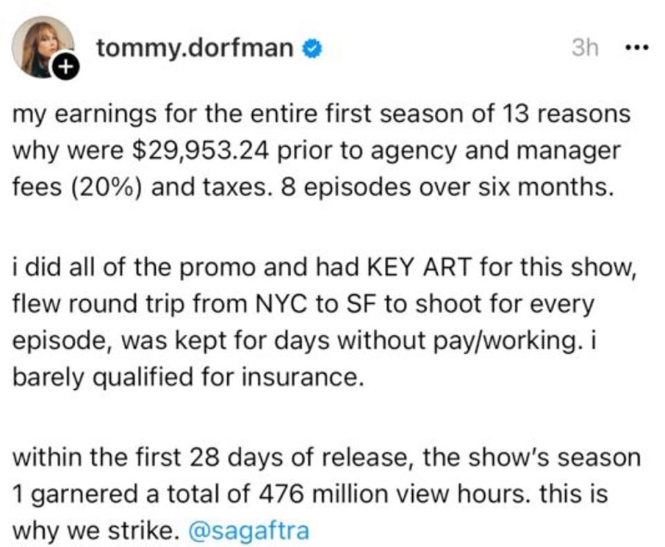 Dorfman lifted the lid on actor’s pay (Threads/Tommy Dorfman)