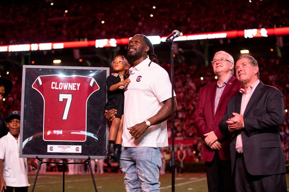 Former South Carolina player Jadeveon Clowney has his jersey retired at Williams-Brice Stadium in Columbia, SC on Saturday, Sept. 3, 2022.