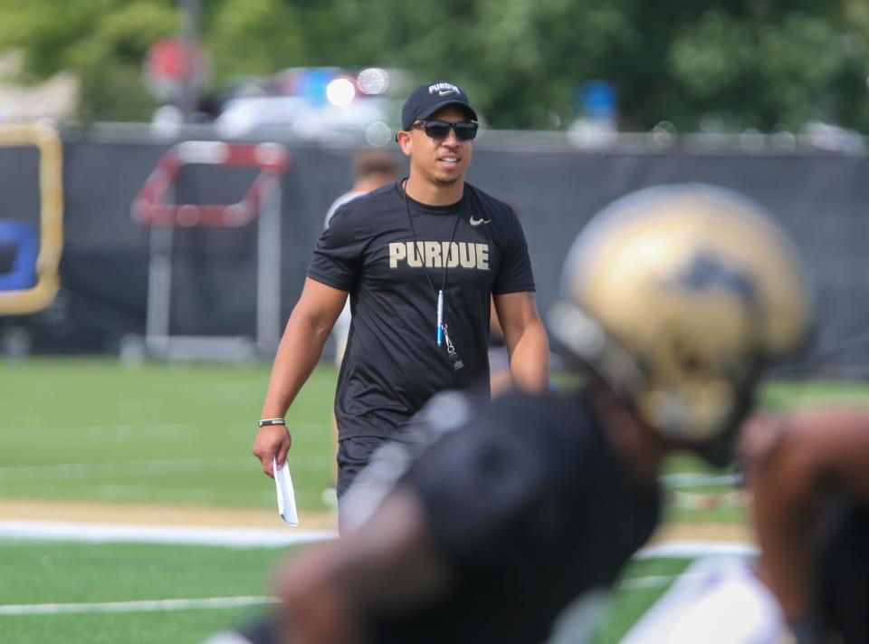 Purdue Boilermakers head coach Ryan Walters watches during Purdue football practice, Wednesday, August 2, 2023, at Purdue University in West Lafayette, Ind.
