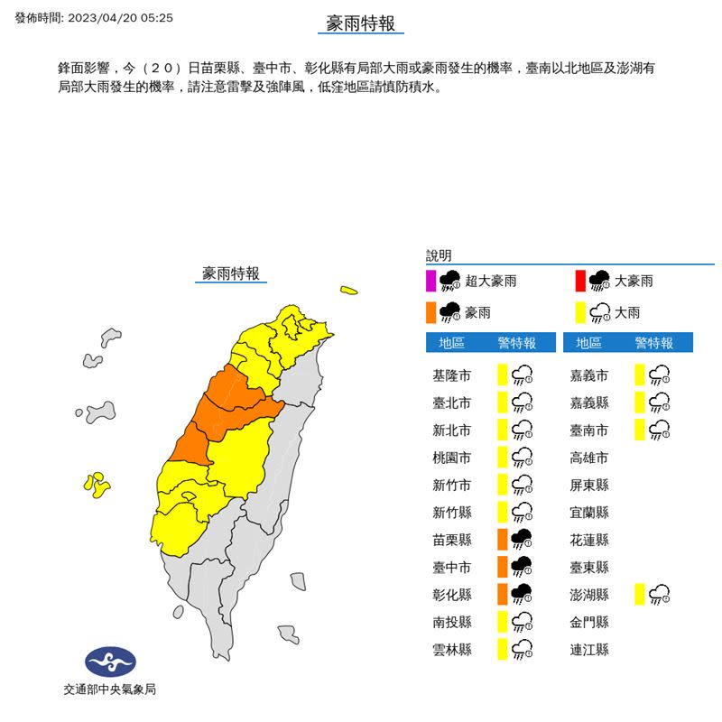 氣象局發布豪、大雨特報。（圖／翻攝自中央氣象局）