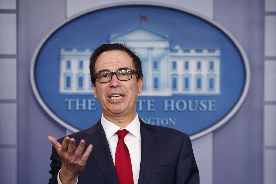 Treasury Secretary Steve Mnuchin speaks during a news briefing at the White House, in Washington, Monday, July 15, 2019. (AP Photo/Carolyn Kaster)