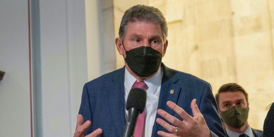 Sen. Joe Manchin, D-WVa., speaks to the media after senate democrats luncheon, on Capitol Hill in Washington, Thursday, Jan. 13, 2022