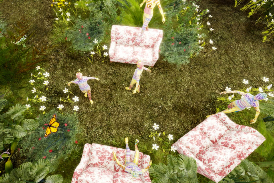 This computer generated image shows a Gucci virtual garden on Roblox. Anyone whose avatar is traipsing around the Roblox online game platform these days might run into other avatars sporting Gucci handbags, sunglasses or hats. The digital-only items are part of the Gucci’s time-limited collection for Roblox, as the Italian fashion house that prides itself on hand-craftsmanship is dipping its toes into an expanding virtual space where many of its youngest fans already are at home. (Roblox via AP)