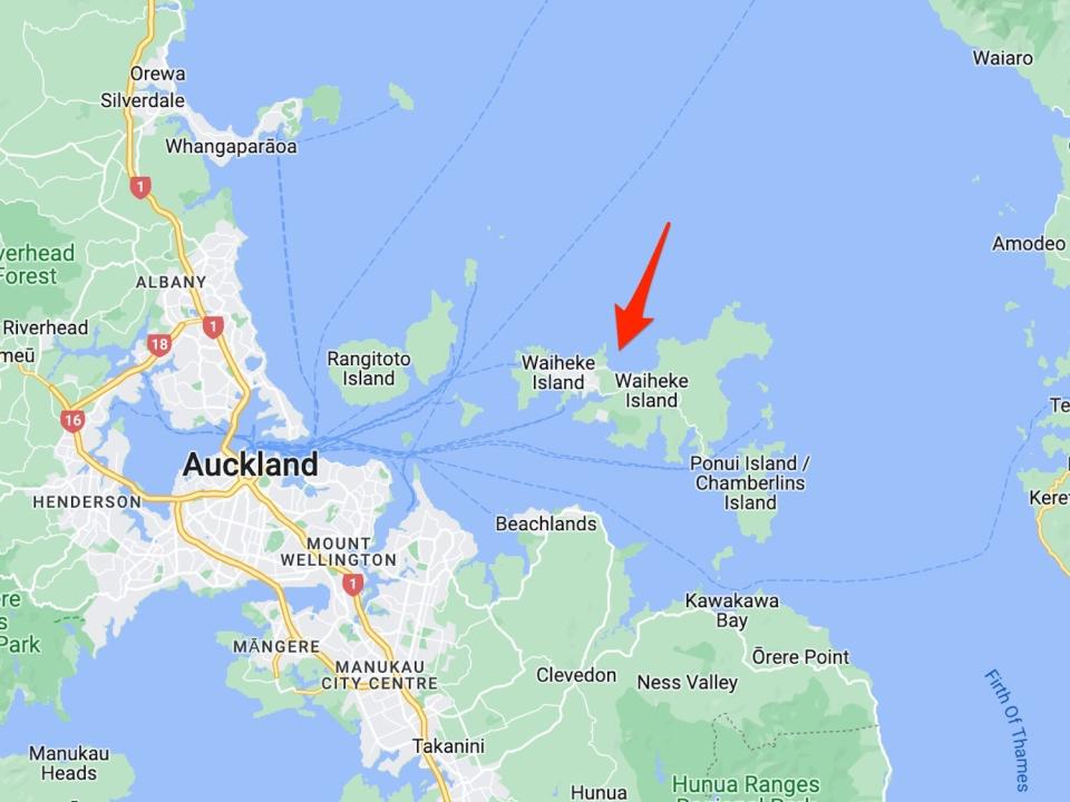 An arrow points to Waiheke Island in New Zealand.