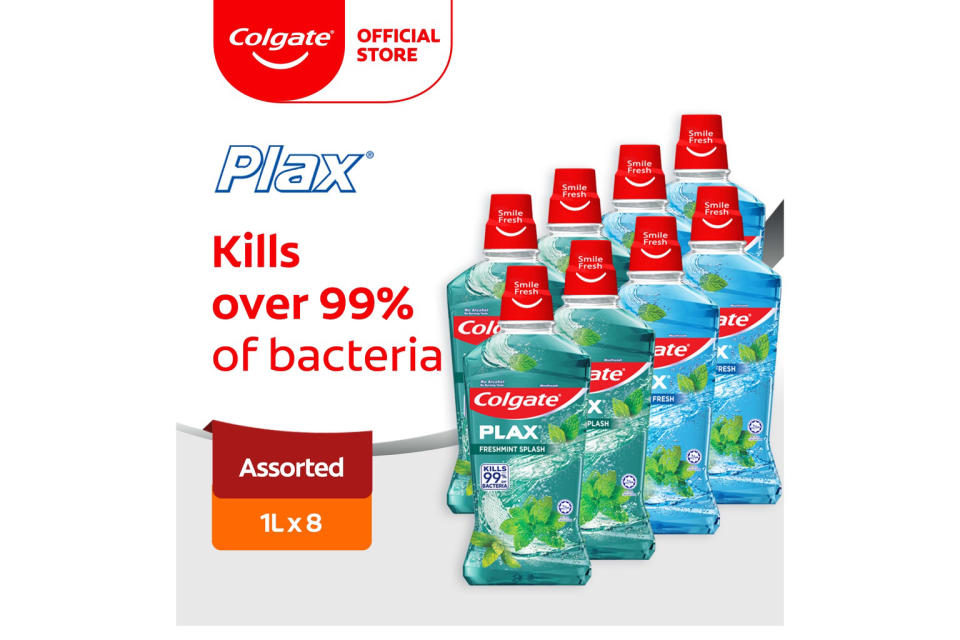 Colgate Plax Assorted /Peppermint/ Freshmint Mouthwash 1L [Bundle of 8]. (Photo: Shopee SG)