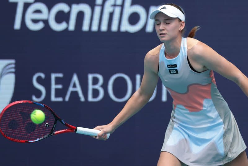 Elena Rybakina from Kazakhstan was among the top women's players to advance Monday at the 2024 Miami Open. File Photo by Gary I Rothstein/UPI