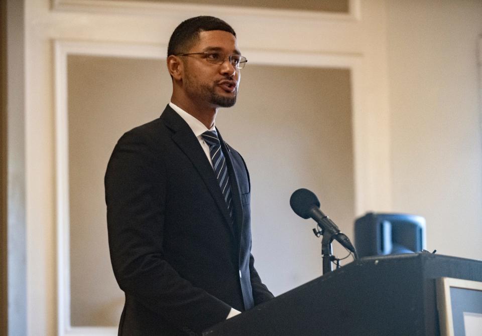 Stockton Mayor Kevin Lincoln speaks at a news conference about the closing of the Stockton Shelter for the homeless at the Stockton Memorial Civic Auditorium in downtown Stockton on Aug. 3, 2023.