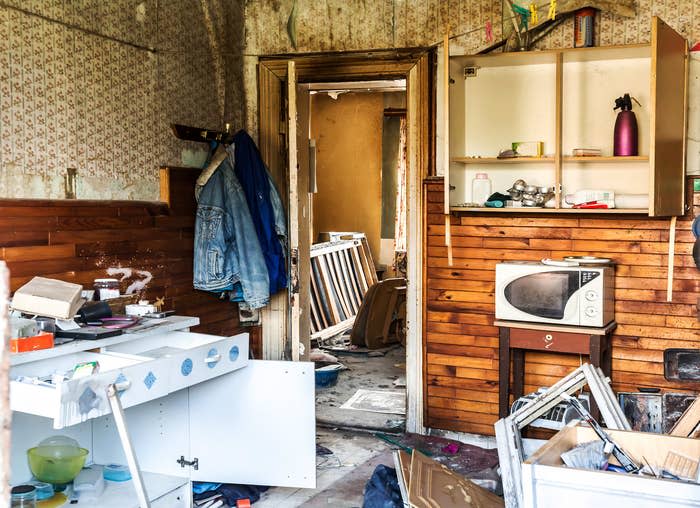 Messy kitchen in an abandoned building