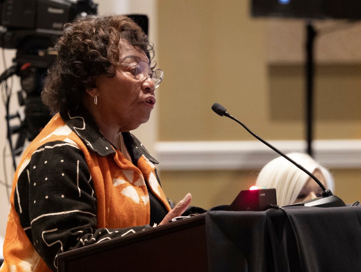 Florida Democratic state Senator Geraldine Thompson speaks out against controversial recommendations for African American history lessons approved b Florida’s Board of Education on 19 July (AP)