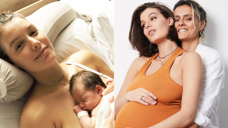 Isabella Carlstrom is pictured with her daughter and with wife Moana Hope on the right.