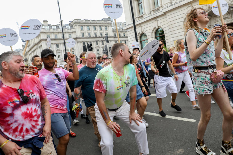 LONDON, ENGLAND - JULY 06: Sam Smith during Pride in London 2019 on July 06, 2019 in London, England. (Photo by Tristan Fewings/Getty Images for Pride in London)