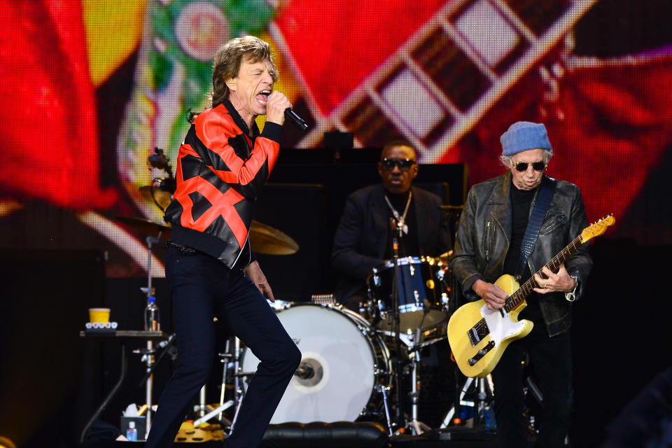 LIVERPOOL, ENGLAND - JUNE 09: Mick Jagger and Keith Richards of The Rolling Stones perform on stage during the SIXTY tour, at Anfield Stadium on June 09, 2022 in Liverpool, England. The Stones are playing at Anfield to kick off the UK leg of their SIXTY tour, the first time they have performed in Liverpool since 1971. (Photo by Jim Dyson/Redferns)