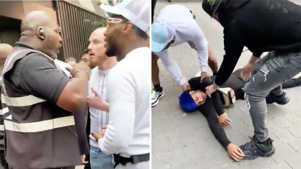 Former heavyweight boxer Julius Francis delivered a savage knockout punch to a man who had allegedly been harrassing and attacking patrons at Wembley Stadium over the weekend. Pictures: Twitter