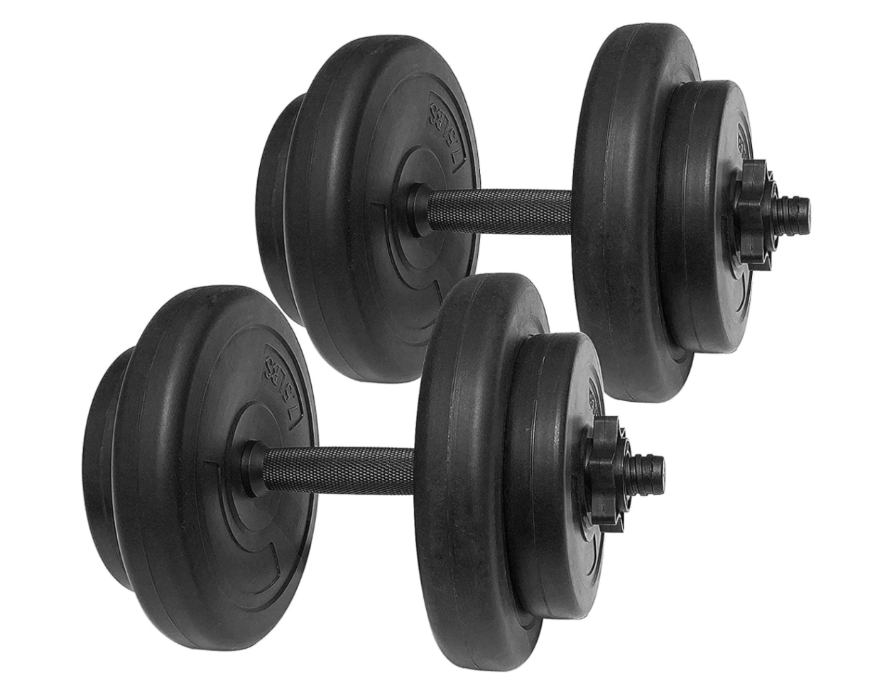 Two black dumbbells.