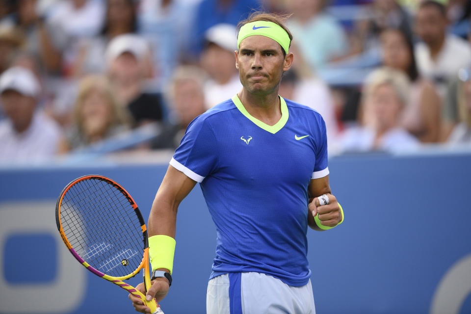 Rafael Nadal, of Spain, reacts during a match against Jack Sock, of the United States, at the Citi Open tennis tournament Wednesday, Aug. 4, 2021, in Washington. (AP Photo/Nick Wass)
