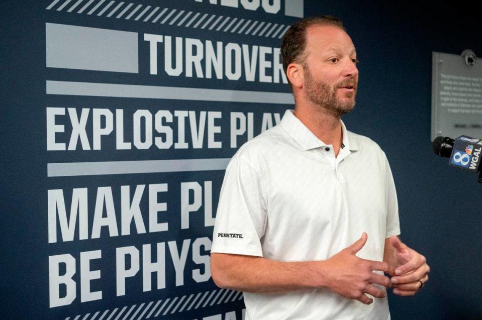 Penn State offensive coordinator Mike Yurcich talks to the media on Thursday, June 8, 2023 in the Lasch Building.