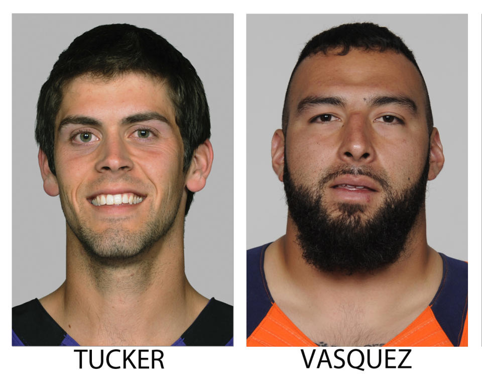 FILE - These 2013 file photos show members of The Associated Press 2013 NFL All-Pro team offense, selected Friday, Jan. 3, 2014. From left are Justin Tucker, Baltimore and Louis Vasquez, Denver. (AP Photo/File)