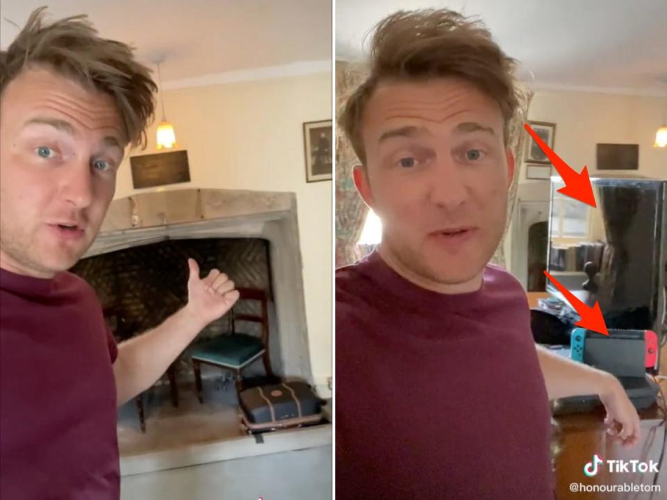 Tom Houghton points to the massive Tudor fireplace in his bedroom and arrows point to a TV and gaming device, which he is added to his bedroom.