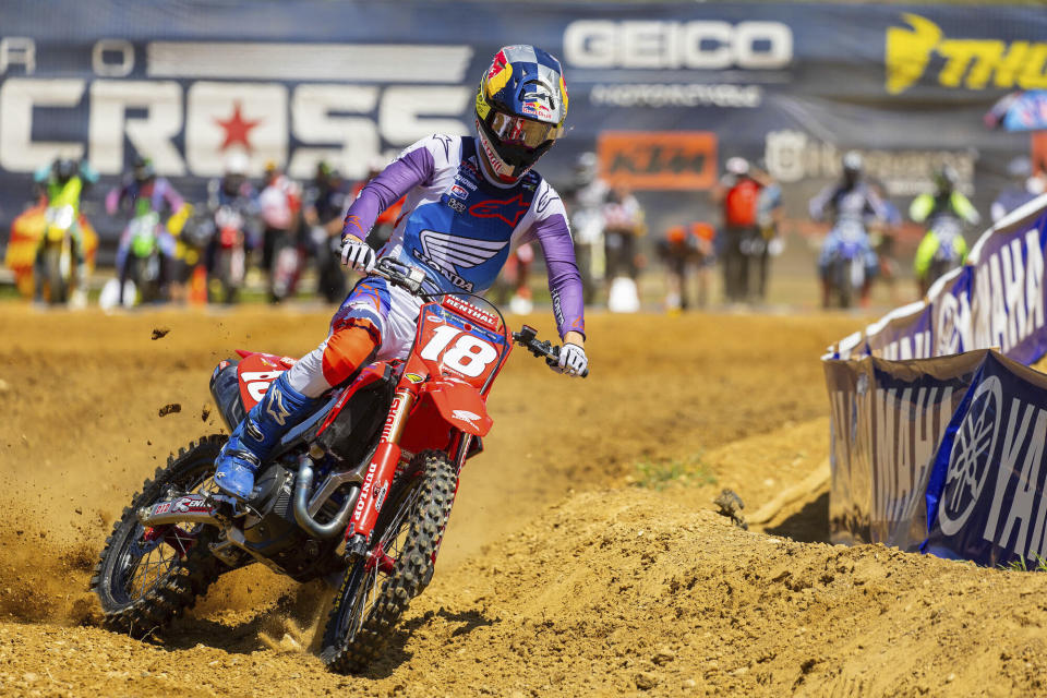 In this photo provided by MX Sports Pro Racing, Jett Lawrence competes at a motocross race in Mechanicsville, Md., Aug. 19, 2023. Lawrence, a 20-year-old from Australia, has already given Honda its first 450cc motocross title since 2003 while becoming the eighth rookie to clinch the title in his rookie season. Win at Indiana’s Ironman Raceway on Saturday and Lawrence will complete the fourth perfect motocross season in the last 50 years. (MX Sports Pro Racing via AP)