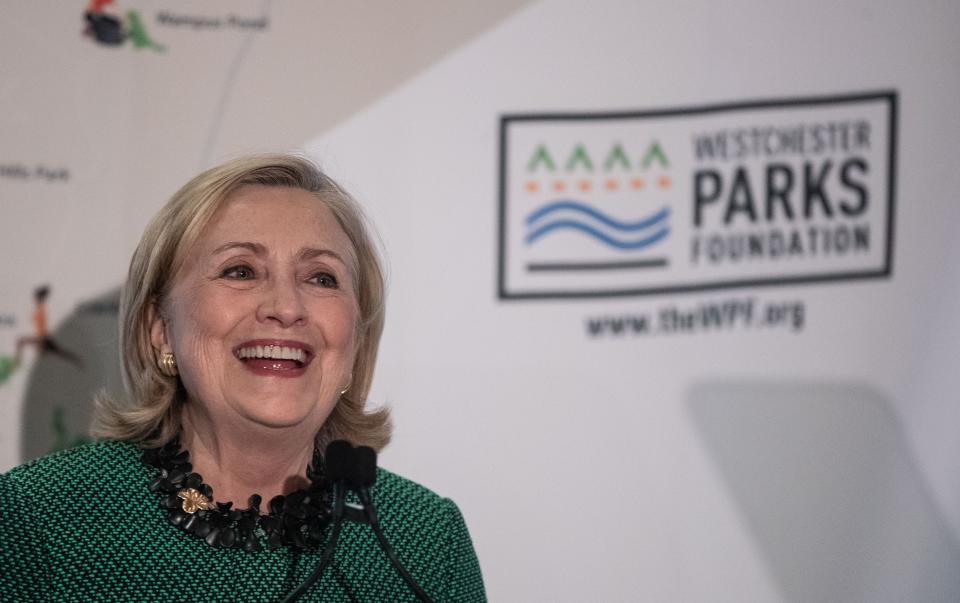 Hillary Rodham Clinton offers remarks as was honored by The Westchester Parks Foundation with its inaugural Leadership Award at its 46th anniversary gala at the Glen Island Harbour Club in New Rochelle Sept. 21, 2023.