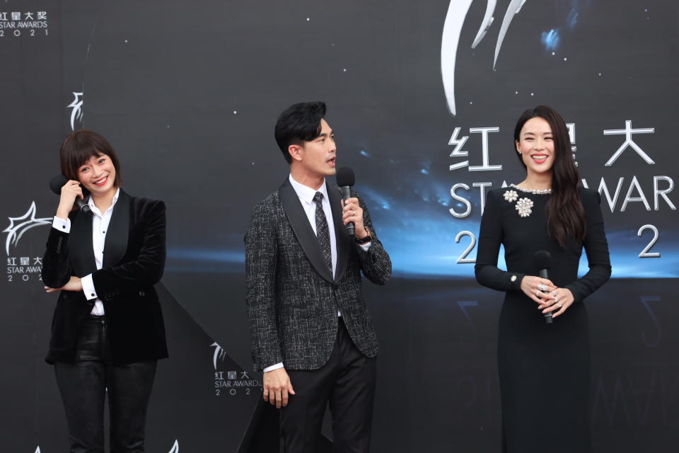 Felicia Chin, Pierre Png and Rebecca Lim at Star Awards held at Changi Airport on 18 April 2021. (Photo: Mediacorp)