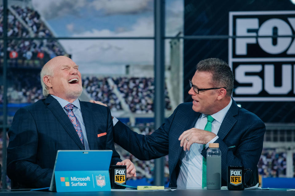 Terry Bradshaw (left), sitting next to Howie Long, has been a fixture on NFL pregame broadcasts for decades. (Photo courtesy of Fox Sports) 