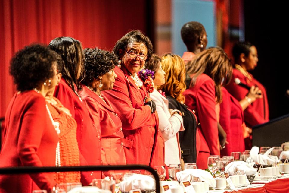Vice President Kamala Harris speaks during the Delta Sigma Theta Sorority's Social Action Luncheon on Thursday, July 20, 2023, at the Indiana Convention Center in Indianapolis.