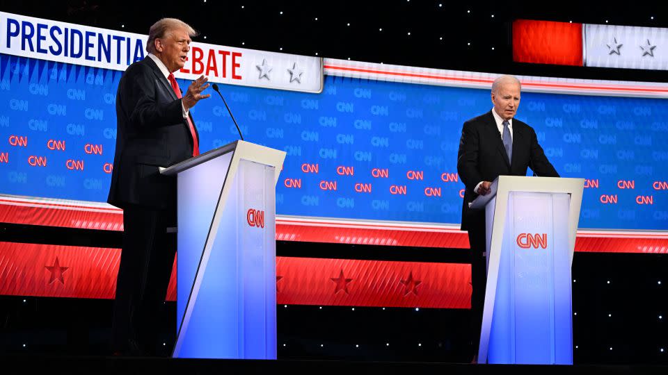 Former President Donald Trump and President Joe Biden debate at CNN's Atlanta studios on June 27, 2024. Neither man impressed the voters who had been at The Bulwark's event in Denver. - Will Lanzoni/CNN