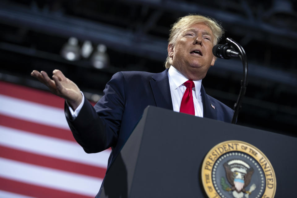 President Donald Trump speaks during a campaign rally at Kellogg Arena, Wednesday, Dec. 18, 2019, in Battle Creek, Mich. (AP Photo/ Evan Vucci)