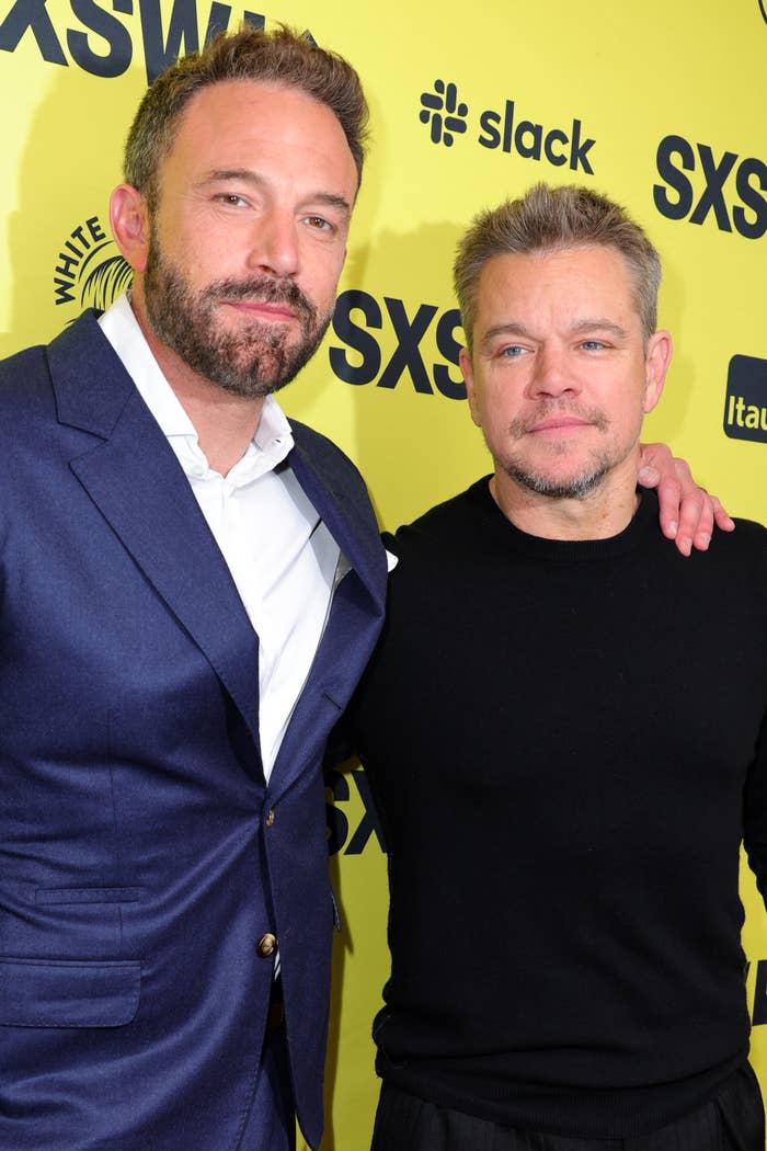 A closeup of Ben Affleck and Matt Damon