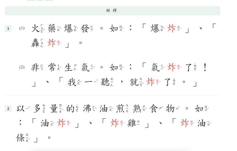 ▲教育部國語小字典中指出，以多量的沸油煎熟食物時，炸讀音唸作「ㄓㄚˊ」。（圖／翻攝自教育部國語小字典）