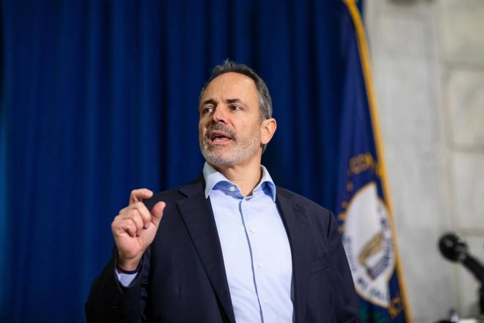 Former Gov. Matt Bevin talked to reporters at the state Capitol on Friday.